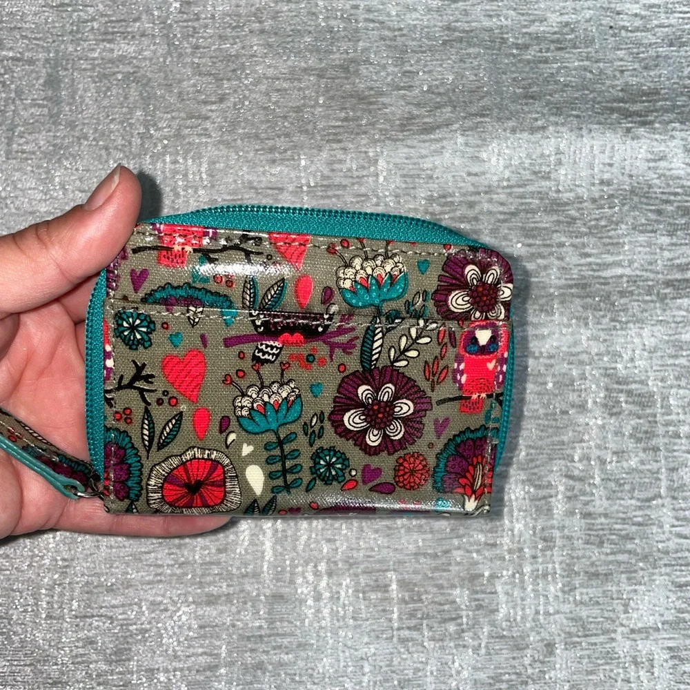 EUC small wallet card coin holder teal, floral, owls